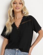 melya by melody Bluză Neagră cu Mânecă Scurtă cu Decolteu Triunghiular și Broderie Decorativă Frevia