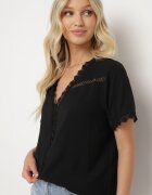 melya by melody Bluză Neagră cu Mânecă Scurtă cu Decolteu Triunghiular și Broderie Decorativă Frevia