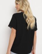 melya by melody Bluză Neagră cu Mânecă Scurtă cu Decolteu Triunghiular și Broderie Decorativă Frevia