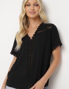 melya by melody Bluză Neagră cu Mânecă Scurtă cu Decolteu Triunghiular și Broderie Decorativă Frevia
