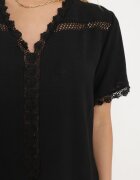 melya by melody Bluză Neagră cu Mânecă Scurtă cu Decolteu Triunghiular și Broderie Decorativă Frevia