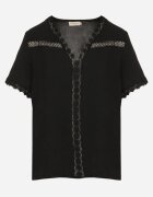 melya by melody Bluză Neagră cu Mânecă Scurtă cu Decolteu Triunghiular și Broderie Decorativă Frevia