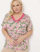 melya by melody Bluză Roz-Verde de Vâscoză cu Mânecă Scurtă și Decolteu Tip V Natloza