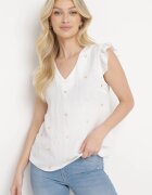 melya by melody Bluză Top Albă din Viscoză fără Mâneci cu Volane cu Inimioare Brodate Taella