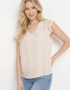 melya by melody Bluză Top Bej din Viscoză fără Mâneci cu Volane cu Inimi Brodate Taella