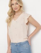 melya by melody Bluză Top Bej din Viscoză fără Mâneci cu Volane cu Inimi Brodate Taella