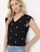 melya by melody Bluză Top Negru din Vâscoză fără Mâneci cu Volane cu Inimioare Brodate Taella