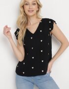 melya by melody Bluză Top Negru din Vâscoză fără Mâneci cu Volane cu Inimioare Brodate Taella