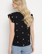 melya by melody Bluză Top Negru din Vâscoză fără Mâneci cu Volane cu Inimioare Brodate Taella