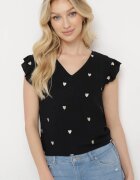 melya by melody Bluză Top Negru din Vâscoză fără Mâneci cu Volane cu Inimioare Brodate Taella