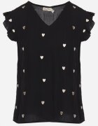 melya by melody Bluză Top Negru din Vâscoză fără Mâneci cu Volane cu Inimioare Brodate Taella
