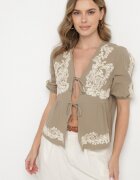 melya by melody Bluză Verde din bumbac cu legătură decorată cu broderie Novalisa