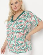 melya by melody Bluză Verde-Roz din vâscoză cu Mânecă Scurtă și Decolteu în V Natloza