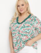 melya by melody Bluză Verde-Roz din vâscoză cu Mânecă Scurtă și Decolteu în V Natloza