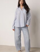 melya by melody Cămașă Albastră oversize din Tencel în dungi decorată cu broderie Tidine