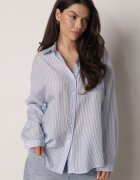 melya by melody Cămașă Albastră oversize din Tencel în dungi decorată cu broderie Tidine