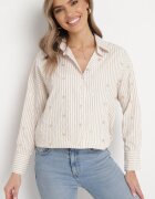 melya by melody Cămașă bej deschis din bumbac cu dungi cu inimi brodate Sanileni