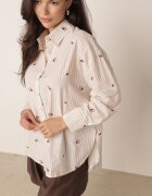 melya by melody Cămașă de vară din bumbac croi oversize cu dungi și broderie Deinaris Bej