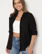 melya by melody Cămașă Neagră Oversize de Vâscoză cu In Decorată cu Aplicație Florală Finreis