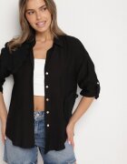 melya by melody Cămașă Neagră Oversize de Vâscoză cu In Decorată cu Aplicație Florală Finreis