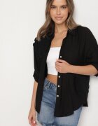 melya by melody Cămașă Neagră Oversize de Vâscoză cu In Decorată cu Aplicație Florală Finreis
