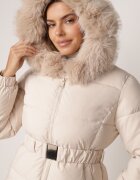melya by melody Geacă de iarnă cu glugă cu blană și curea cu cataramă Zephima Bej