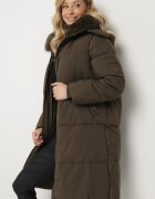 melya by melody Geacă Lungă Matlasată Verde închis cu Glugă Detașabilă și Guler De Blană Ilalirae