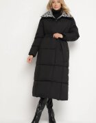 melya by melody Geacă matlasată Negru-Gri lungă cu guler leopard și cordon Silfezi