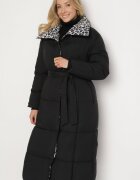 melya by melody Geacă matlasată Negru-Gri lungă cu guler leopard și cordon Silfezi