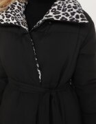 melya by melody Geacă matlasată Negru-Gri lungă cu guler leopard și cordon Silfezi