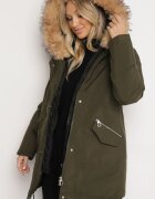 melya by melody Geacă Parka Verde cu Fermoar Dublu și Glugă cu Blană Detașabilă Ediliria