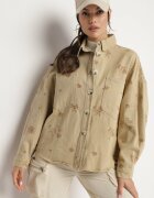 melya by melody Jachetă de bumbac din denim Bej cu croială tip cămașă cu broderii decorative Nasandria