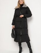 melya by melody Jachetă matlasată neagră-bej cu croială lungă cu guler leopard și cordon Silfezi