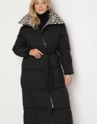 melya by melody Jachetă matlasată neagră-bej cu croială lungă cu guler leopard și cordon Silfezi
