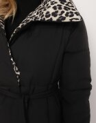 melya by melody Jachetă matlasată neagră-bej cu croială lungă cu guler leopard și cordon Silfezi