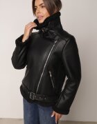 melya by melody Jachetă Neagră Asimetrică Biker cu Blană și Curea cu Cataramă Ciranola