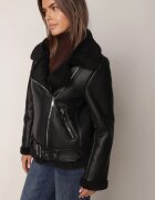 melya by melody Jachetă Neagră Asimetrică Biker cu Blană și Curea cu Cataramă Ciranola