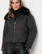 melya by melody Jachetă Neagră Elegantă cu Guler de Blană și Fir Metalic Vertieska