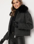 melya by melody Jachetă Neagră Elegantă cu Guler de Blană și Fir Metalic Vertieska