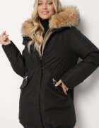 melya by melody Jachetă Parka Neagră cu Fermoar Dublu și Glugă cu Blană Detașabilă Ediliria