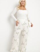 melya by melody Pantaloni albi din Viscoză și In cu Imprimeu Delicat cu Talie Înaltă Tassemi