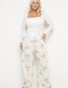 melya by melody Pantaloni albi din Viscoză și In cu Imprimeu Delicat cu Talie Înaltă Tassemi