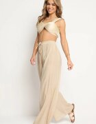 melya by melody Pantaloni Bej Larghi din Viscoză cu Buzunare Rowalle