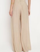 melya by melody Pantaloni Bej Larghi din Viscoză cu Buzunare Rowalle