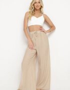 melya by melody Pantaloni Bej Larghi din Viscoză cu Buzunare Rowalle
