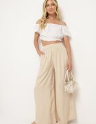 melya by melody Pantaloni Largi Bej Deschis din Vâscoză și cu Talie Înaltă și cu Elastic în Talie Kelevevia