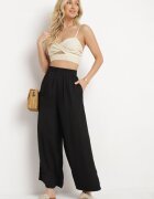 melya by melody Pantaloni Largi Negri din Viscoză cu Talie Înaltă și Elastic în Talie Kelevevia