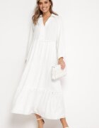 melya by melody Rochie Albă Maxi Evazată cu Guler și Volane Eweneme