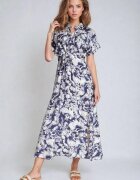 melya by melody Rochie Albastră-Albă Cambrată cu elastic în talie închisă cu nasturi Nasica