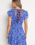 melya by melody Rochie Albastru și Bleumarin cu Mânecă Scurtă Decorată cu Plasă la Decolteu cu Curea din Material Textil Meada